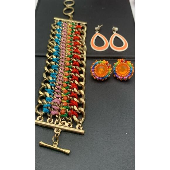 Gold Tone And Bright Multi Color Toggle Bracelet & Fun Bright Earring Lot Boho - Picture 2 of 3